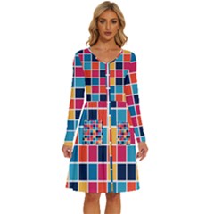 Square Plaid Checkered Pattern Long Sleeve Dress With Pocket by Ravend