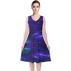 Abstract Colorful Pattern Design V-neck Midi Sleeveless Dress 