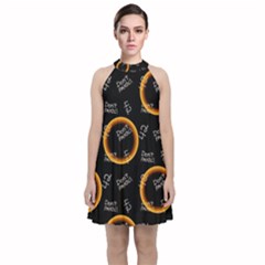 Abstract Pattern Background Velvet Halter Neckline Dress 