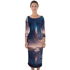 Space Planet Universe Galaxy Moon Quarter Sleeve Midi Bodycon Dress