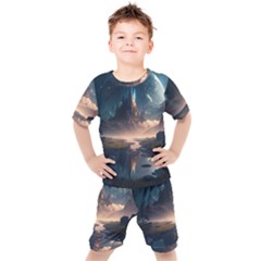 Space Planet Universe Galaxy Moon Kids  Tee And Shorts Set by Ravend