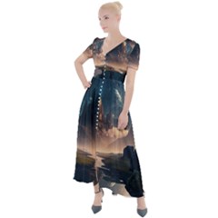 Space Planet Universe Galaxy Moon Button Up Short Sleeve Maxi Dress