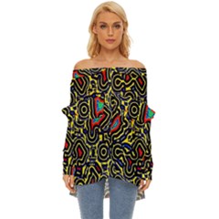 Background Graphic Art Off Shoulder Chiffon Pocket Shirt