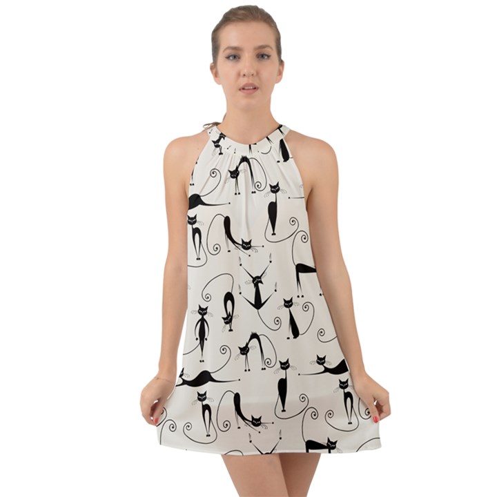 Pattern Cats Black Feline Kitten Halter Tie Back Chiffon Dress