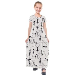 Pattern Cats Black Feline Kitten Kids  Short Sleeve Maxi Dress by Ravend