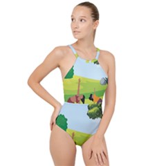 Mother And Daughter Yoga Art Celebrating Motherhood And Bond Between Mom And Daughter  High Neck One Piece Swimsuit