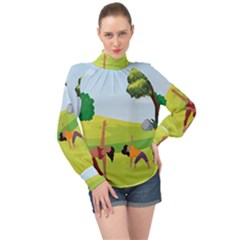 Mother And Daughter Yoga Art Celebrating Motherhood And Bond Between Mom And Daughter  High Neck Long Sleeve Chiffon Top