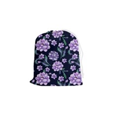 Elegant Purple Pink Peonies In Dark Blue Background Drawstring Pouch (small) by augustinet