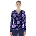 Elegant purple pink peonies in dark blue background V-Neck Long Sleeve Top View1