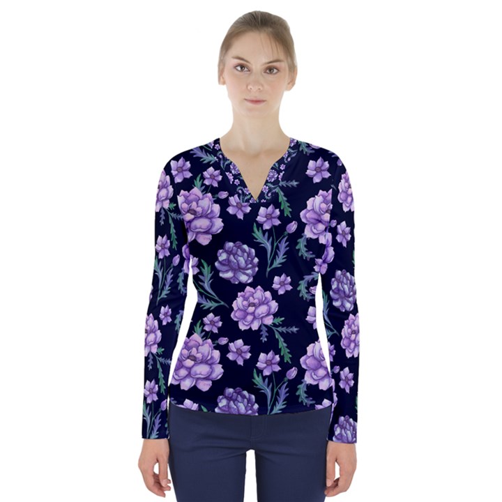 Elegant purple pink peonies in dark blue background V-Neck Long Sleeve Top