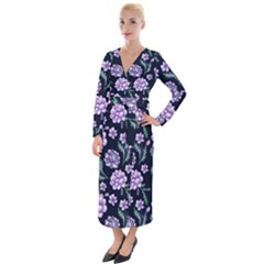 Elegant Purple Pink Peonies In Dark Blue Background Velvet Maxi Wrap Dress by augustinet