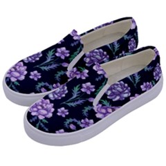 Elegant Purple Pink Peonies In Dark Blue Background Kids  Canvas Slip Ons by augustinet