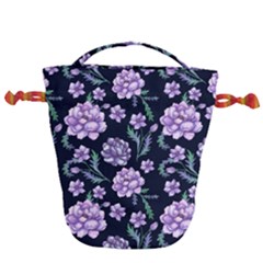 Elegant Purple Pink Peonies In Dark Blue Background Drawstring Bucket Bag by augustinet