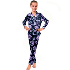 Elegant Purple Pink Peonies In Dark Blue Background Kid s Satin Long Sleeve Pajamas Set by augustinet