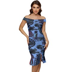 Off Shoulder Ruffle Split Hem Bodycon Dress W/blue Design by VIBRANT