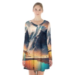 Abstract Color Colorful Mountain Ocean Sea Long Sleeve Velvet V-neck Dress by Pakemis