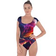 Ocean Sea Wave Clouds Mountain Colorful Sky Art Short Sleeve Leotard  by Pakemis