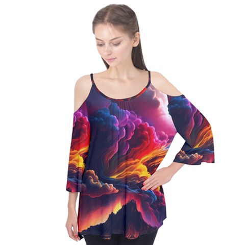 Ocean Sea Wave Clouds Mountain Colorful Sky Art Flutter Tees by Pakemis