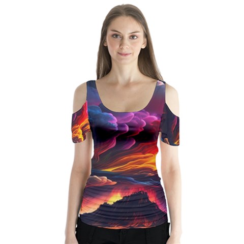 Ocean Sea Wave Clouds Mountain Colorful Sky Art Butterfly Sleeve Cutout Tee  by Pakemis