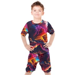 Ocean Sea Wave Clouds Mountain Colorful Sky Art Kids  Tee And Shorts Set by Pakemis