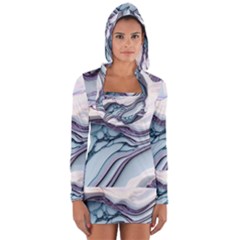 Marble Abstract White Pink Dark Art Long Sleeve Hooded T-shirt by Pakemis