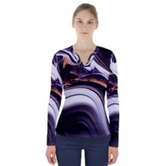 Marble Abstract Water Gold Dark Pink Purple Art V-neck Long Sleeve Top by Pakemis