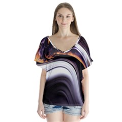 Marble Abstract Water Gold Dark Pink Purple Art V-neck Flutter Sleeve Top by Pakemis