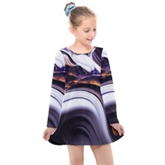 Marble Abstract Water Gold Dark Pink Purple Art Kids  Long Sleeve Dress by Pakemis