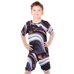 Marble Abstract Water Gold Dark Pink Purple Art Kids  Tee And Shorts Set by Pakemis