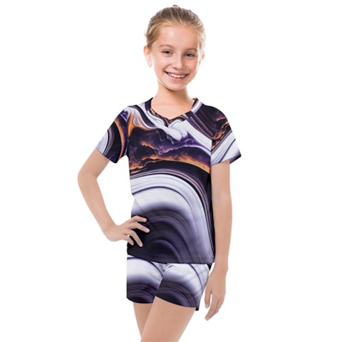 Marble Abstract Water Gold Dark Pink Purple Art Kids  Mesh Tee And Shorts Set by Pakemis