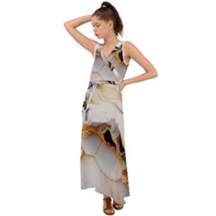 Marble Stone Abstract Gold White Color Colorful V-neck Chiffon Maxi Dress by Pakemis