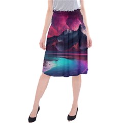 Ai Generated Mountain Ocean Lava Fire Sky Sea Midi Beach Skirt by Pakemis