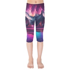 Ai Generated Mountain Ocean Lava Fire Sky Sea Kids  Capri Leggings 