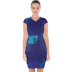 Abstract Blue Texture Space Capsleeve Drawstring Dress 