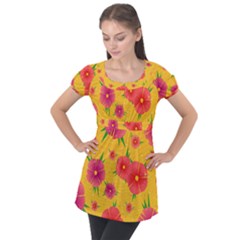 Background Flowers Floral Pattern Puff Sleeve Tunic Top by Ravend