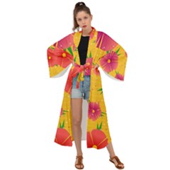 Background Flowers Floral Pattern Maxi Kimono