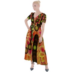 Abstract Background Digital Green Button Up Short Sleeve Maxi Dress