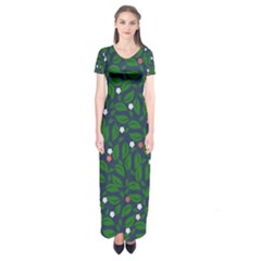 Leaves Flowers Green Background Nature Short Sleeve Maxi Dress