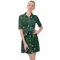 Leaves Flowers Green Background Nature Belted Shirt Dress by Ravend