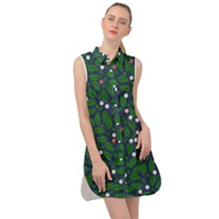 Leaves Flowers Green Background Nature Sleeveless Shirt Dress