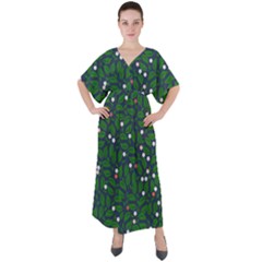 Leaves Flowers Green Background Nature V-neck Boho Style Maxi Dress