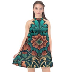 Flower Pattern Modern Floral Halter Neckline Chiffon Dress 