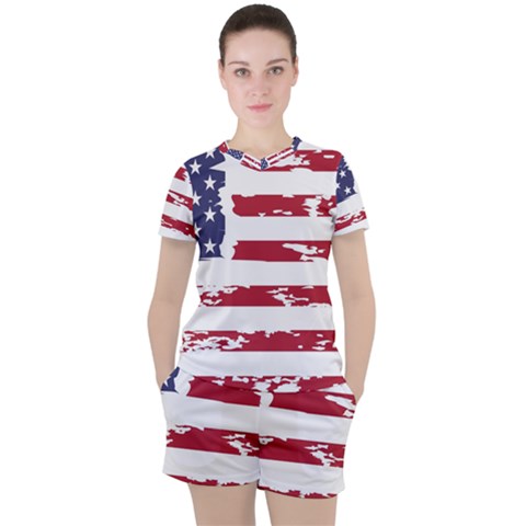 America Unite Stated Red Background Us Flags Women s Tee And Shorts Set by Jancukart