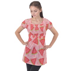 Background Watermelon Pattern Fruit Food Sweet Puff Sleeve Tunic Top by Jancukart