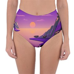 Sunset Sea Ocean Purple Pink Flowers Stone Reversible High-waist Bikini Bottoms by Jancukart
