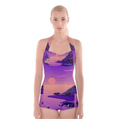 Sunset Sea Ocean Purple Pink Flowers Stone Boyleg Halter Swimsuit  by Jancukart