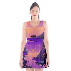 Sunset Sea Ocean Purple Pink Flowers Stone Scoop Neck Skater Dress by Jancukart