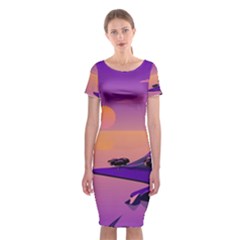 Sunset Sea Ocean Purple Pink Flowers Stone Classic Short Sleeve Midi Dress by Jancukart