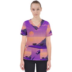 Sunset Sea Ocean Purple Pink Flowers Stone Women s V-neck Scrub Top