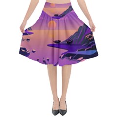 Sunset Sea Ocean Purple Pink Flowers Stone Flared Midi Skirt by Jancukart